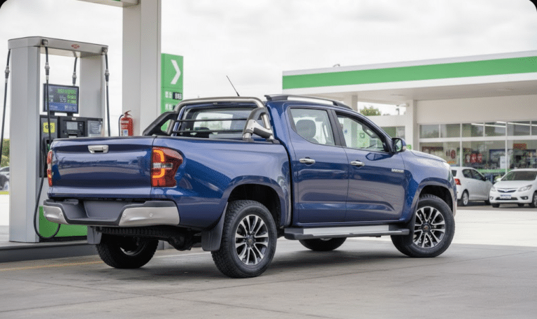 Imagem de uma pickup no posto de gasolina, abastecendo com o melhor diesel S10.